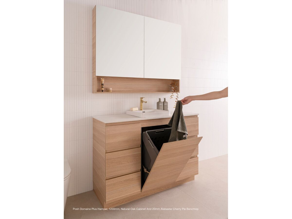 Posh Domaine Plus Hamper, 1200mm, Natural Oak Cabinet and 20mm Alabaster Cherry Pie benchtop