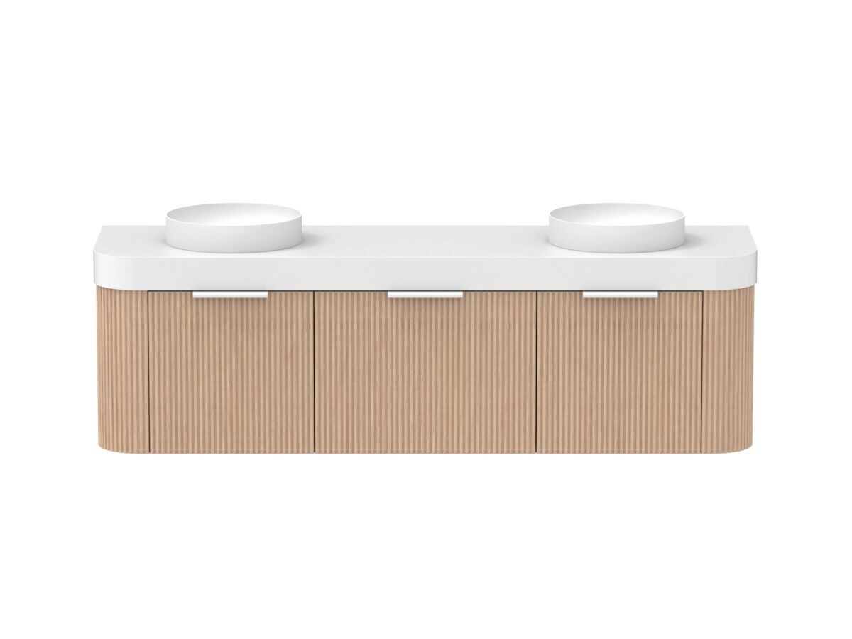 Supporting Image - Kado Neue Fluted Double Curve All Drawer 1800mm Wall Hung Vanity with Double Basin Durasein 90mm Top Blonde Oak