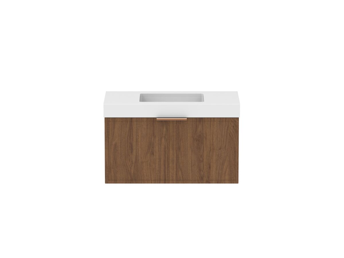 Supporting Image - Kado Lux Slim All Drawer 900mm Wall Hung Vanity with Centre Basin 90mm Top Florentine Walnut