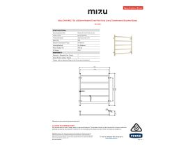 Specification Sheet - Mizu Drift MK2 750 x 800mm Heated Towel Rail Only (Less Transformer) Brushed Brass