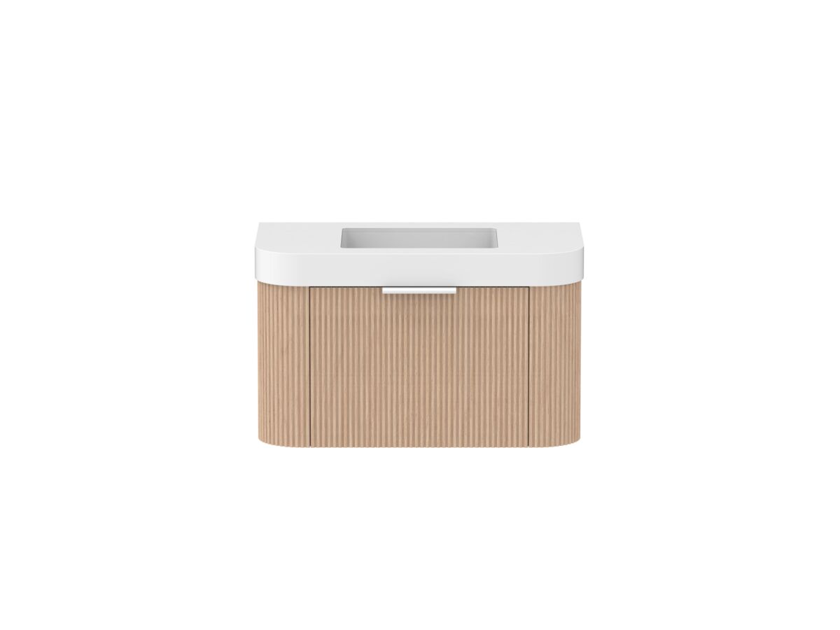 Supporting Image - Kado Neue Fluted Double Curve All Drawer 900mm Wall Hung Vanity with Centre Basin Durasein 90mm Top Blonde Oak