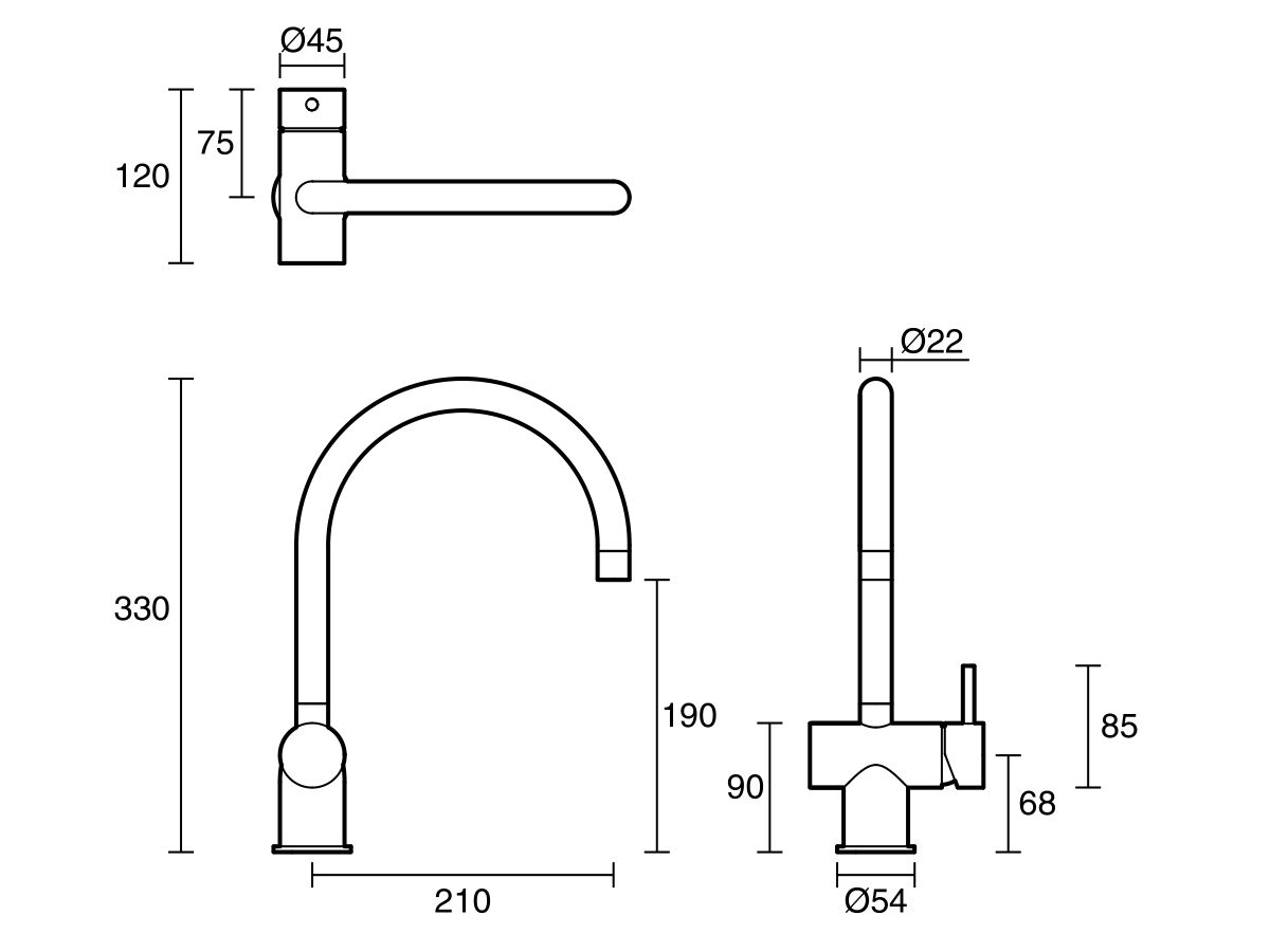 Scala Sink Mixer Tap Large Curved Right Hand 316 Stainless Steel