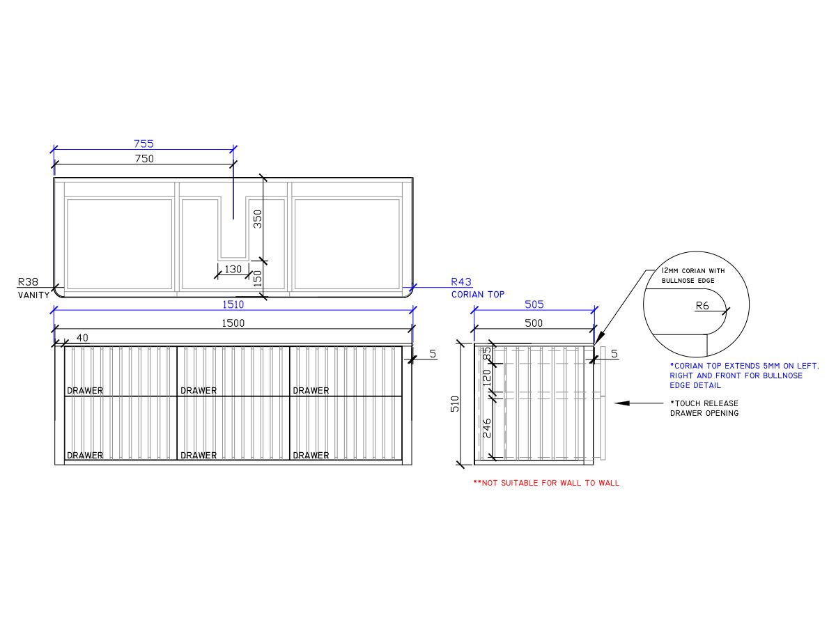 ISSY Cloud II 1500mm x 500mm x 510mm Wall Hung Vanity Unit 6 Touch Latch Drawers (No Basin)