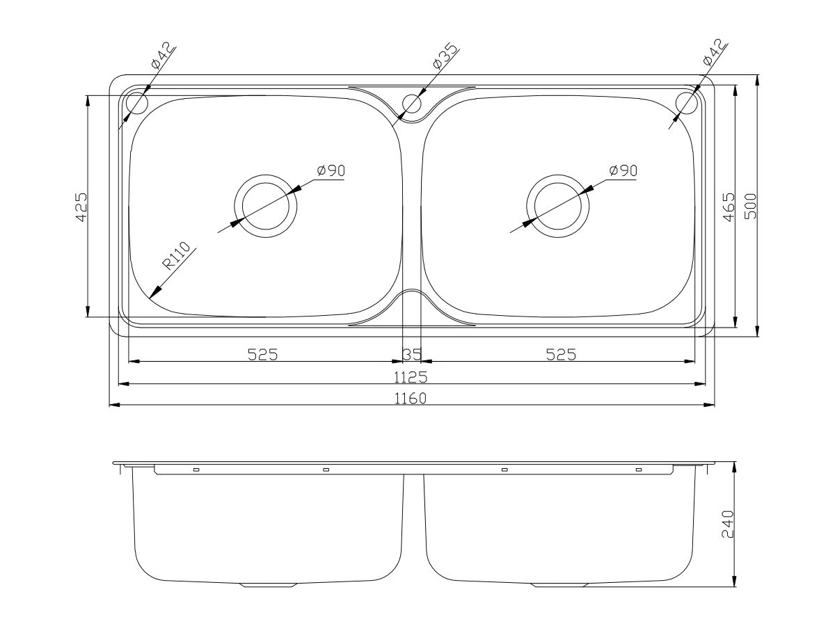 Base Double Inset Laundry Trough 1 Taphole with Bypass 90 litres Stainless Steel