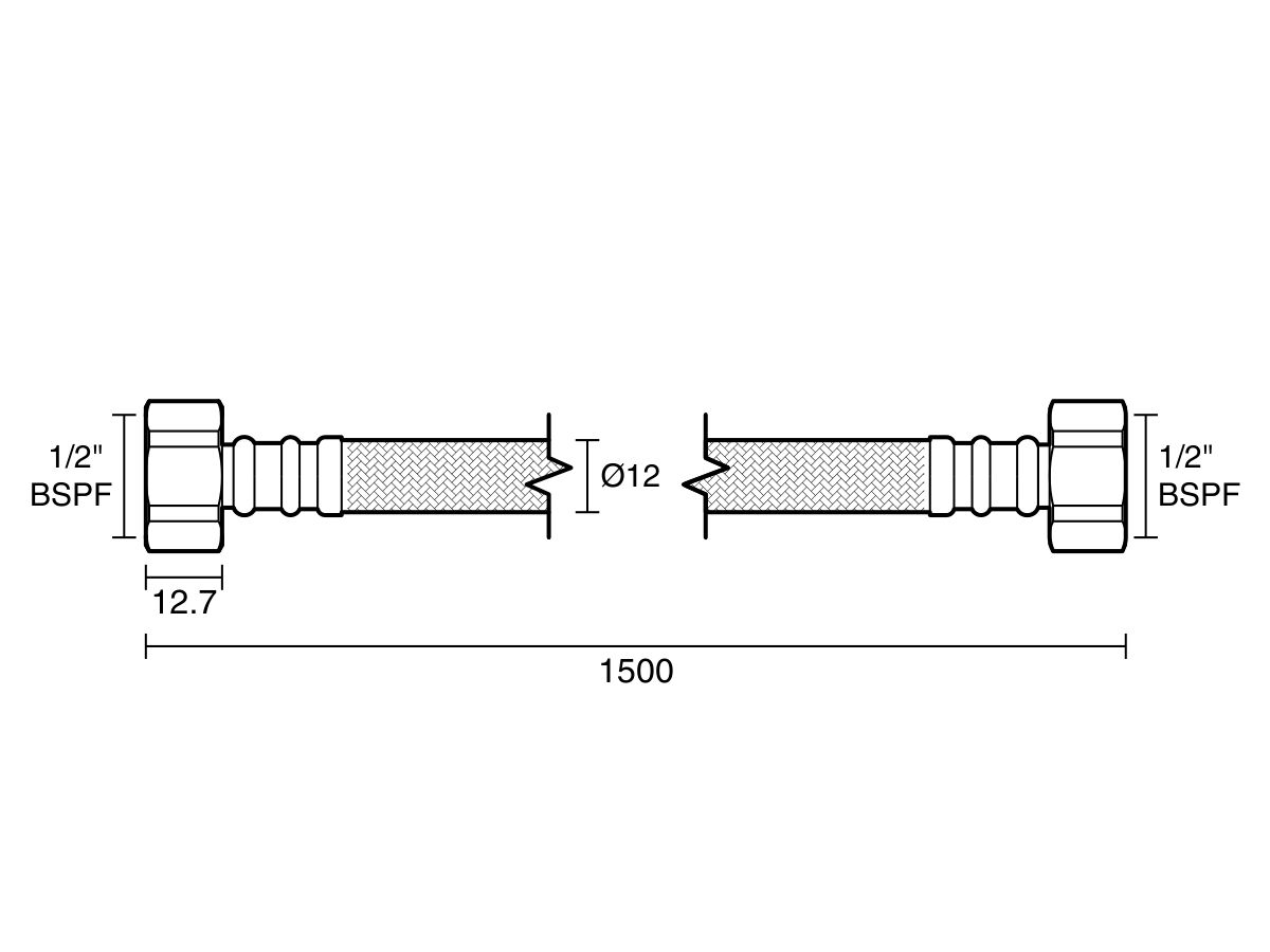 Technical Drawing - Dura Pex Flexible Hose Connector Water 1500mm Stainless Steel Low-Temp Lead Free