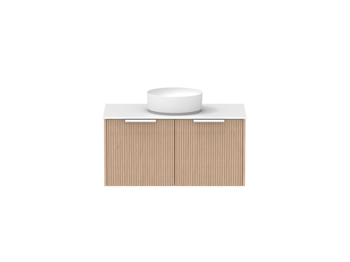 Supporting Image - Kado Neue Fluted Square All Drawer 900mm Wall Hung Vanity with Centre Basin Durasein 12mm Top Blonde Oak
