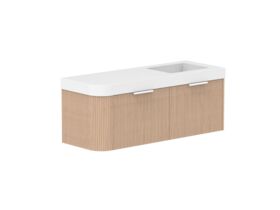 Supporting Image 2- Kado Neue Fluted Single Curve All Drawer 1350mm Wall Hung Vanity with Right Hand Basin Durasein 90mm Top Blonde Oak