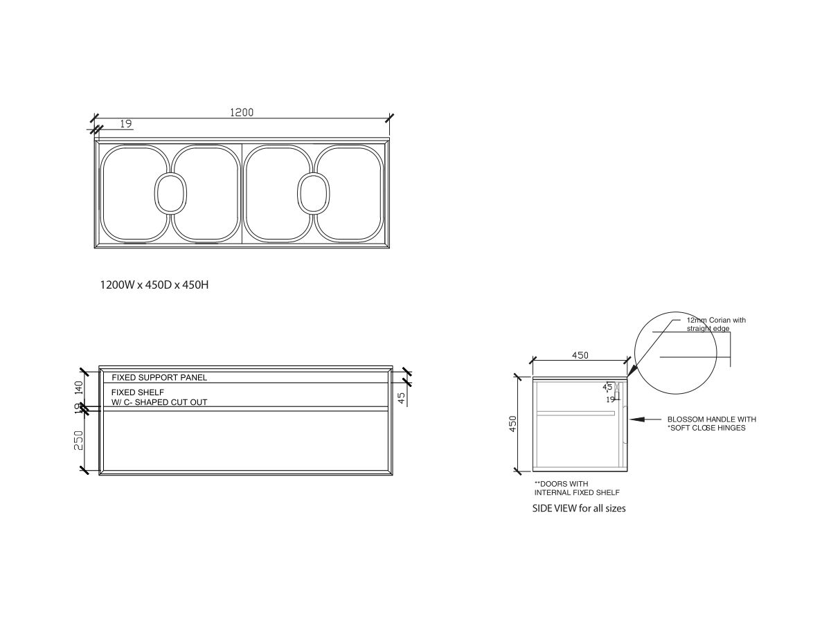 ISSY Blossom I 1200 x 450mm Vanity Unit with Two Soft Close Doors and Internal Shelf with Handle