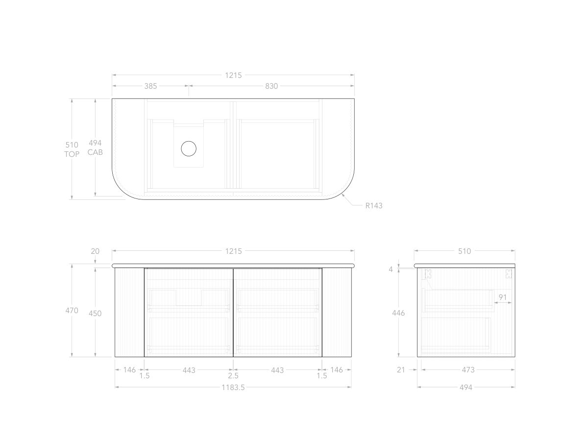 Technical Drawing - Kado Neue Fluted Double Curve All Drawer 1200 Wall Hung Vanity with Left Hand Basin 20mm