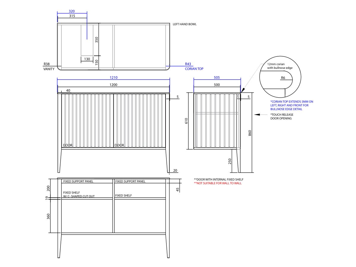 ISSY Cloud I 1200mm x 500mm x 860mm Vanity Unit with Legs 2 Touch Latch Doors Semi Inset (No Basin)