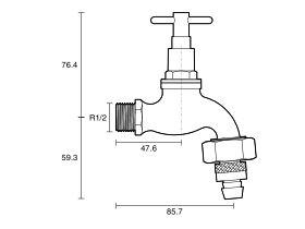 Technical Drawing - Dura Bib Hose Vandal Proof Lilac with Hose Adaptor 15mm Lead Free