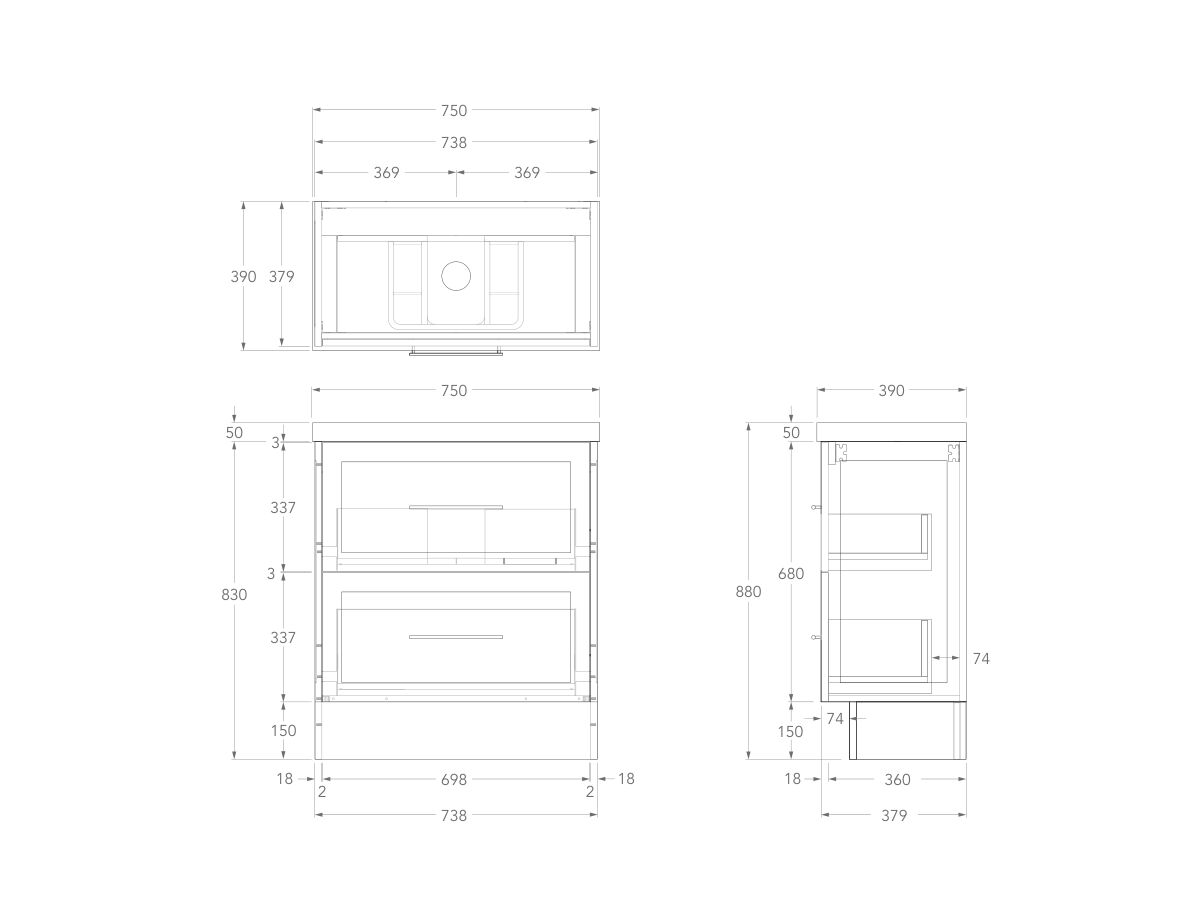 Technical Drawing - Kado Lux Ensuite All Drawer Twin 750mm Floor Mount Centre Basin 50mm Top