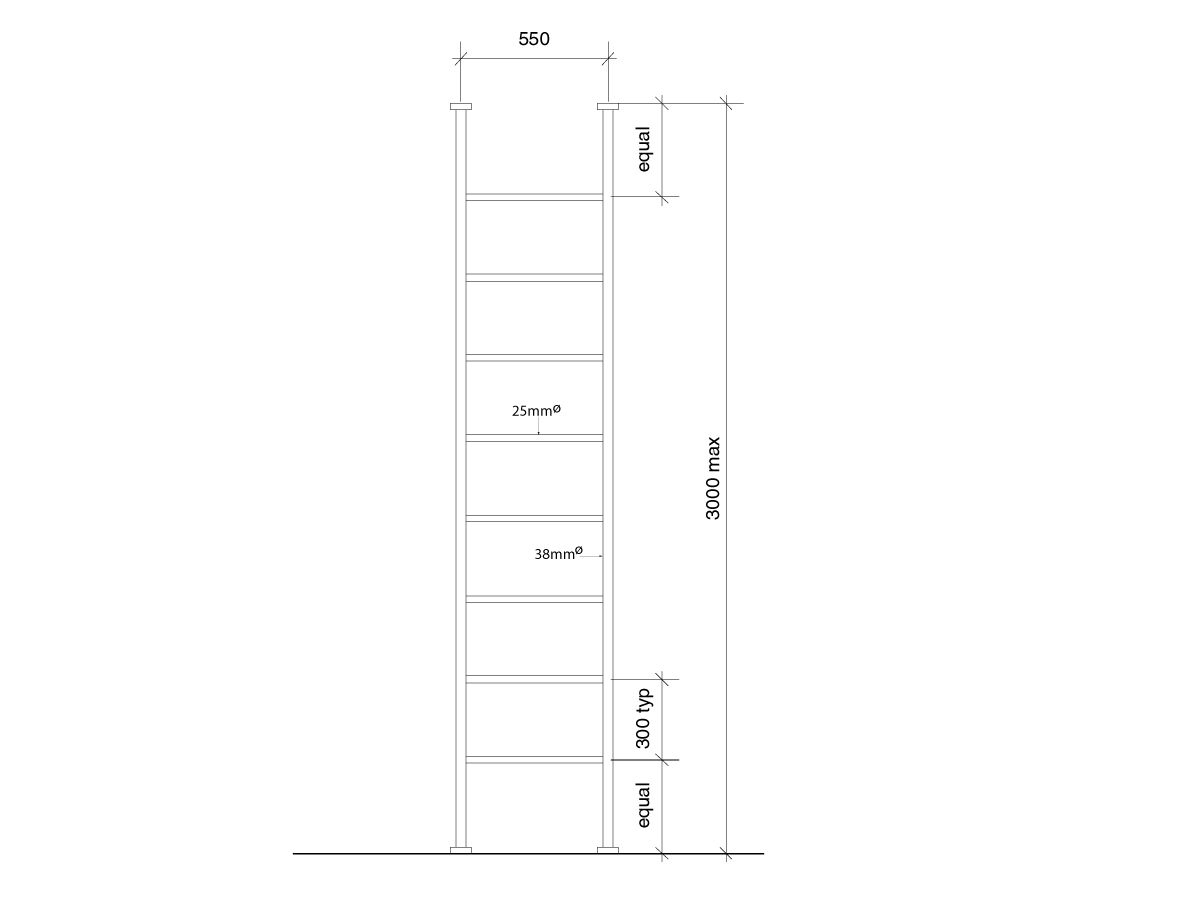 Technical Drawing - Hydrotherm Pure Non Heated Towel Rail Floor to Ceiling 550mm Chrome