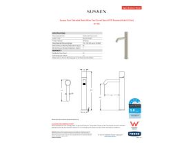 Specification Sheet - Sussex Pure Extended Basin Mixer Tap Curved Spout PVD Brushed Nickel (5 Star)
