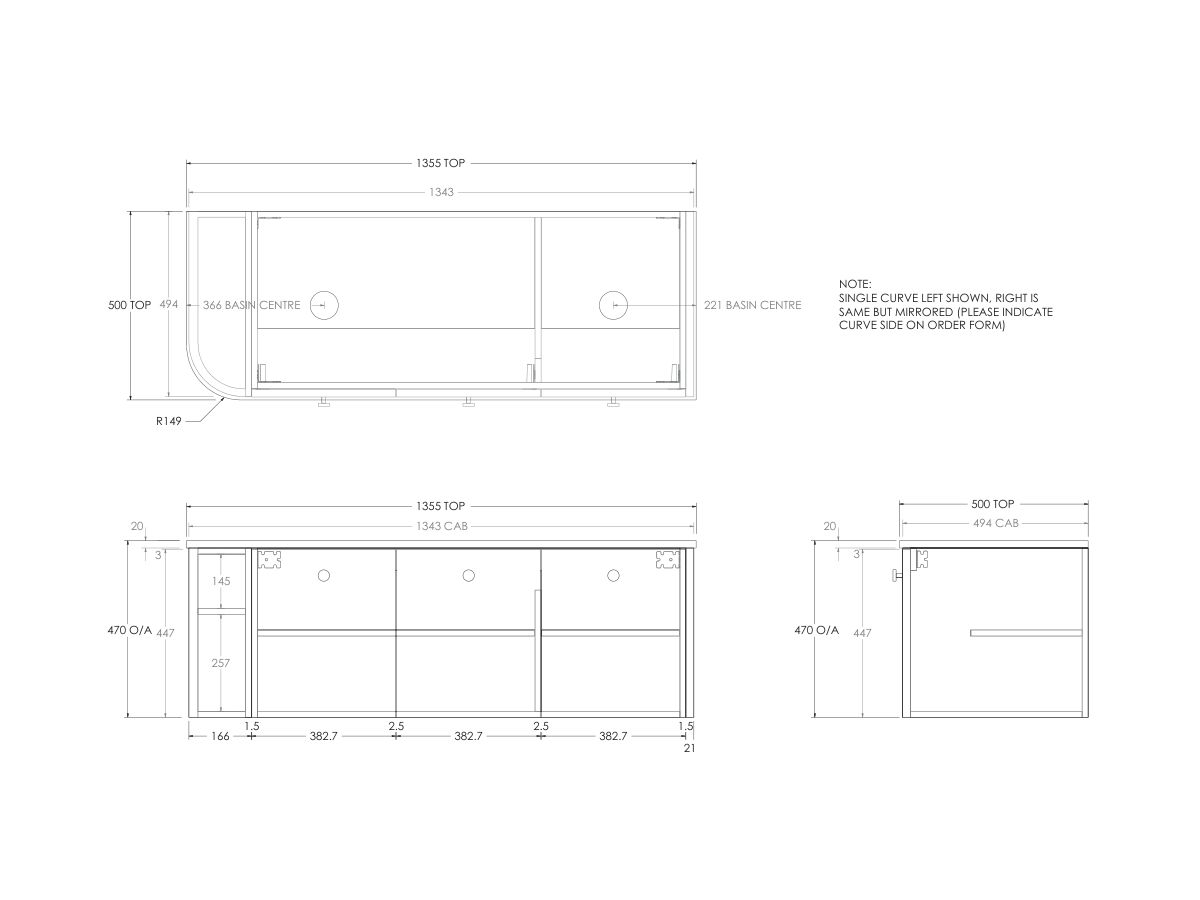 Technical Drawing - Kado Era Single Curve All Door 1350mm Wall Hung Vanity with Double Basin 20mm Top