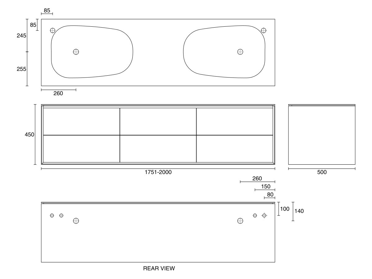 ISSY Glide Twin 1751mm - 2000mm Custom Wall Hung Vanity Unit Double Bowl 6 Drawers