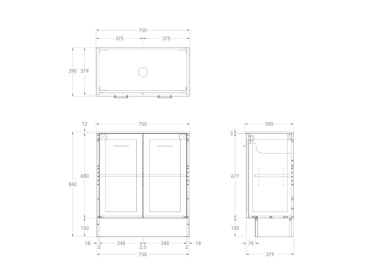 Technical Drawing - Kado Lux Ensuite All Door 750mm Floor Mount Centre Basin 12mm Durasein Top