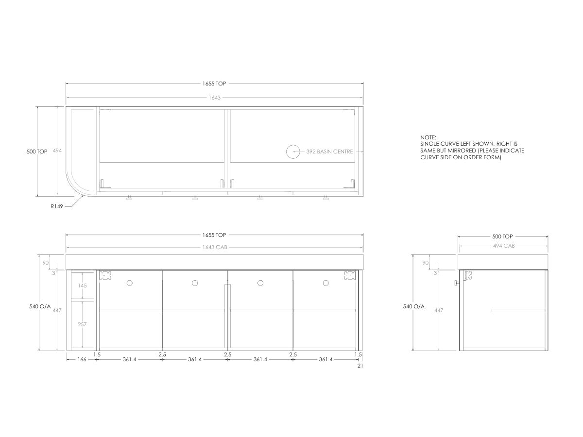 Technical Drawing - Kado Era Single Curve All Door 1650mm Wall Hung Vanity Right Hand Basin 90mm Durasein Top