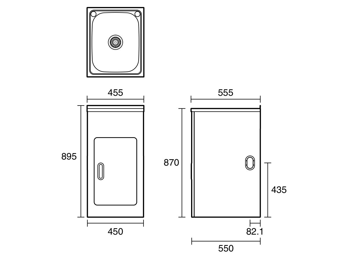 Technical Drawing  - Posh Bristol Mini Laundry Trough & Cabinet 22L with 1 Taphole and Bypass Stainless Steel