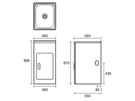 Technical Drawing  - Posh Bristol Mini Laundry Trough & Cabinet 22L with 1 Taphole and Bypass Stainless Steel