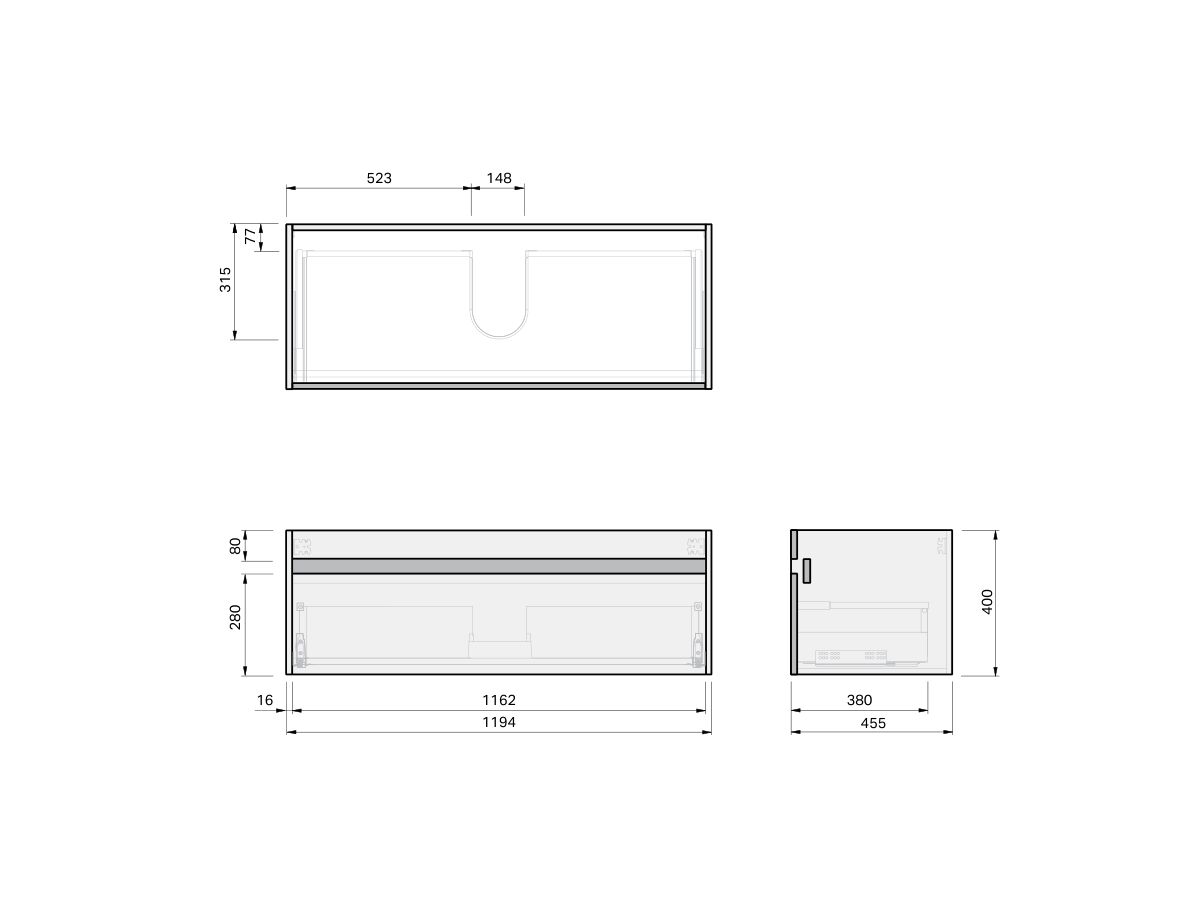 Technical Drawing - Posh Domaine Single 1200 Wall Hung Cherry Pie