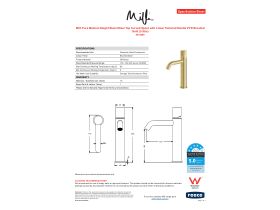 Specification Sheet - Milli Pure Medium Height Basin Mixer Tap Curved Spout with Linear Textured Handle PVD Brushed Gold (5 Star)
