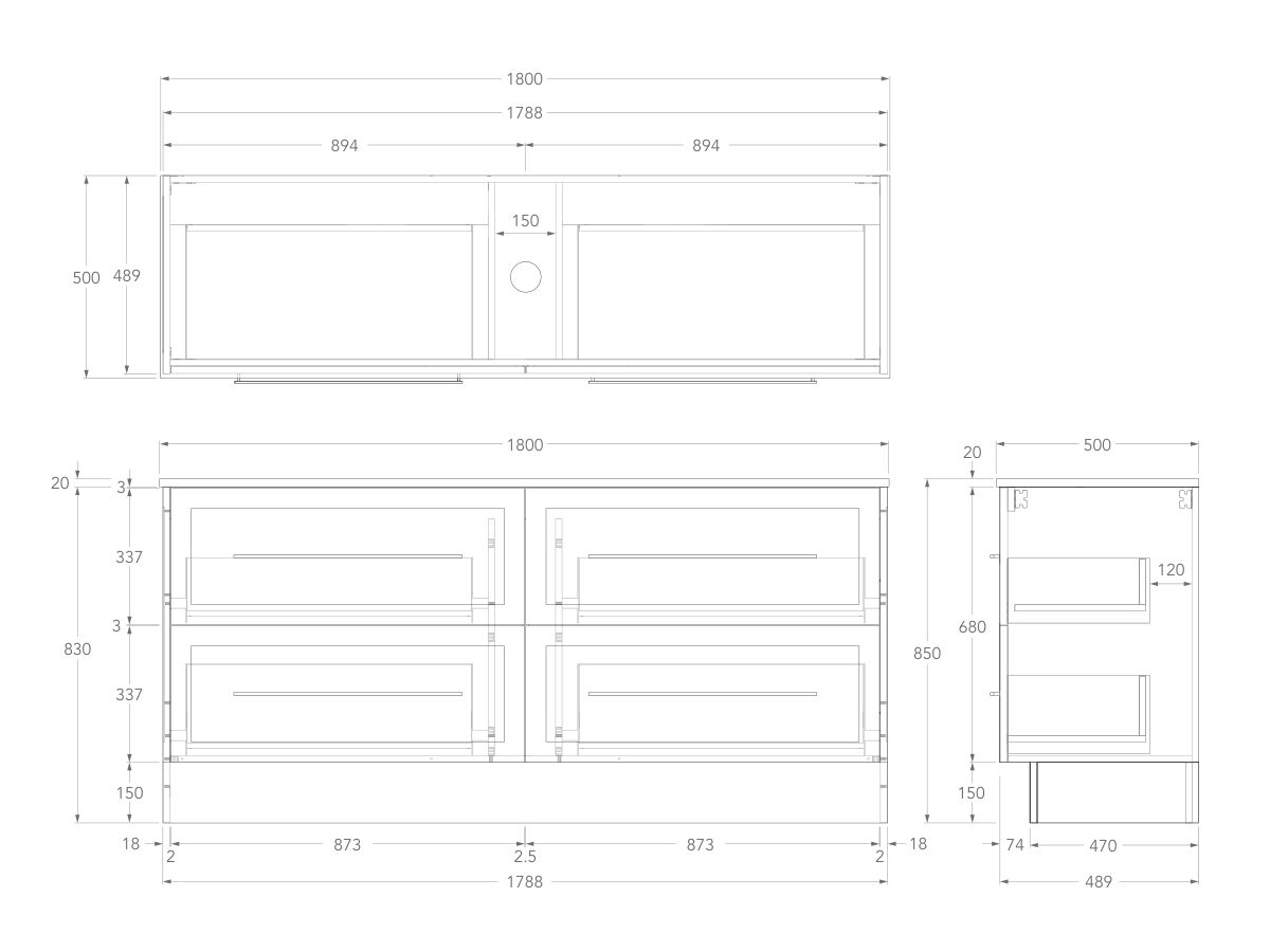 Technical Drawing - Kado Lux 1800mm All Drawer Floor Mounted Vanity Unit 4 Drawers Centre Bowl Vanity 20mm Top