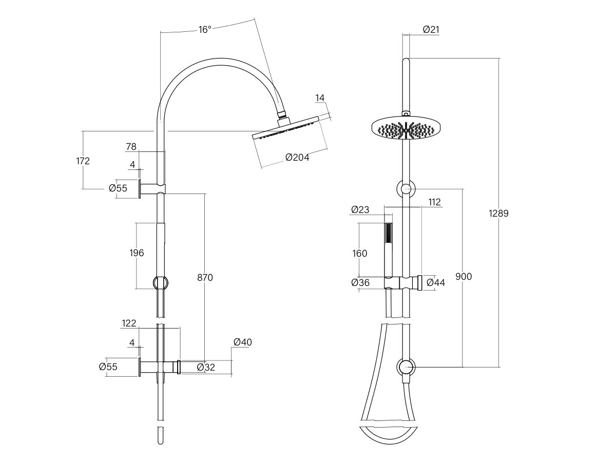 Technical Drawing - Faucet Strommen Vara Disc Twin Rail Shower Chrome and Matte Black (3 Star)
