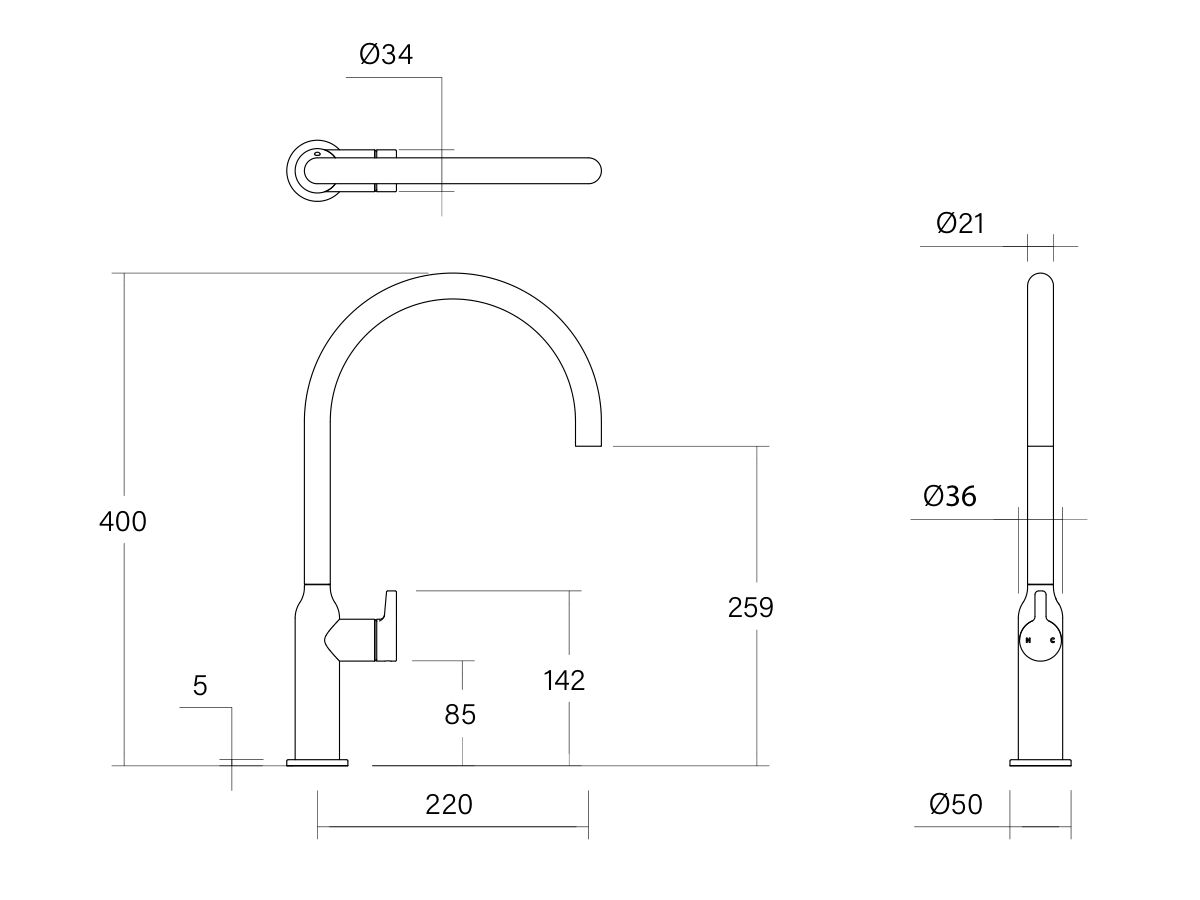 Technical Drawing - Faucet Strommen Vara Fin Gooseneck Sink Mixer Tap (4 Star) Lead Free
