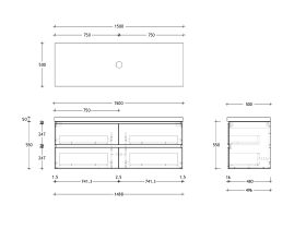 Technical Drawing - Posh Domaine 1500mm Wall Hung Twin Vanity Unit All-Drawer Single Bowl 50mm Top