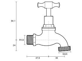 Technical Drawing - Dura Bib Hose Male T-Head Rough Brass (O-Ring) 15mm Lead Free