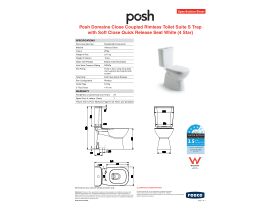 Specification Sheet - Posh Domaine Close Coupled Rimless Toilet Suite S Trap Soft Close Quick Release Seat White Chrome (4 Star)