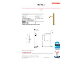 Specification Sheet - Sussex Pure Extended Basin Mixer Curved with Linear Textured Handles PVD Brushed Gold (5 Star) Lead Free