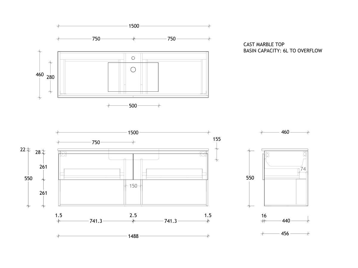 Posh Domaine Open Shelf All-Drawer 1500mm Single Bowl Basin Wall Hung Vanity Cast Marble Top