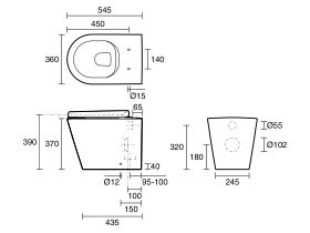 Technical Drawing - Kado Lux Rimless Plus Back to Wall Pan with Soft Close Quick Release White (4 Star)