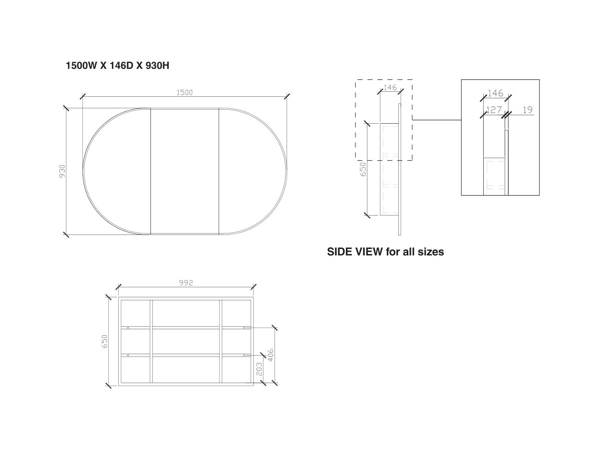 ISSY Halo 1500 x 930mm Rounded Triple Mirror with Shaving Cabinet