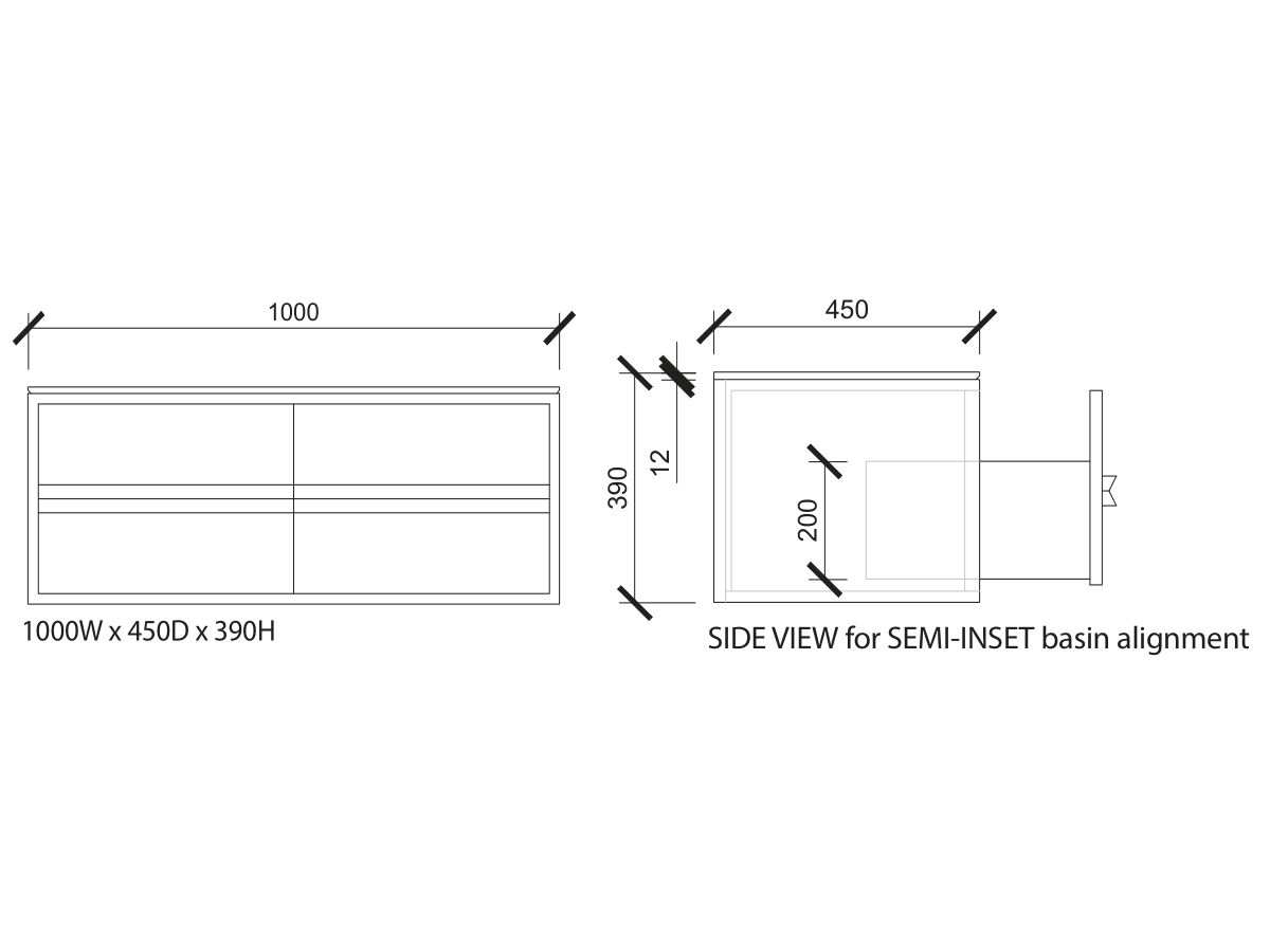 ISSY Z8 Vanity Unit 1000mm (W) x 450mm (D) x 390mm (H) 3 Drawer Semi Inset Basin