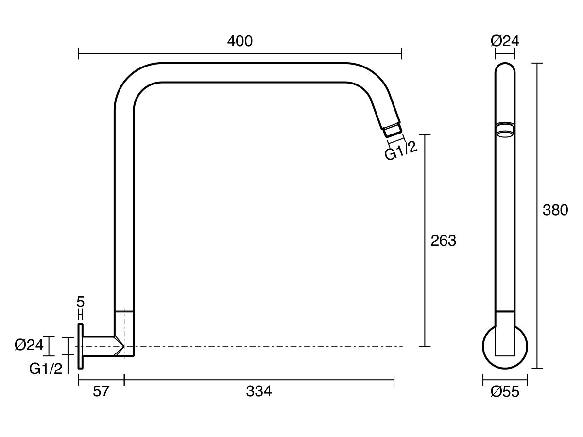 Technical Drawing - Mizu Drift Gooseneck Shower Arm Only