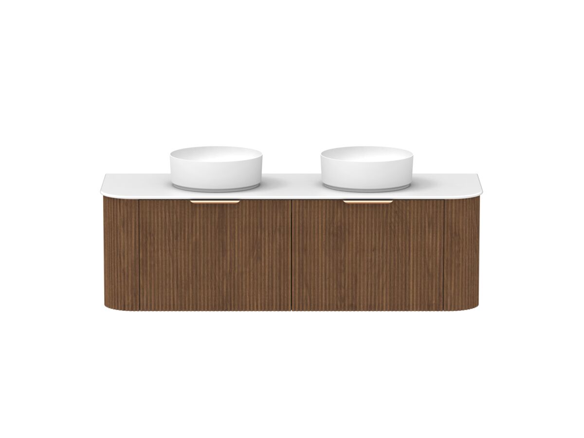 Hero - Kado Neue Fluted Double Curve All Drawer 1500 Wall Hung Vanity With Double Basin Durasein 12mm Top Florentine Walnut