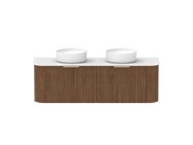 Hero - Kado Neue Fluted Double Curve All Drawer 1500 Wall Hung Vanity With Double Basin Durasein 12mm Top Florentine Walnut