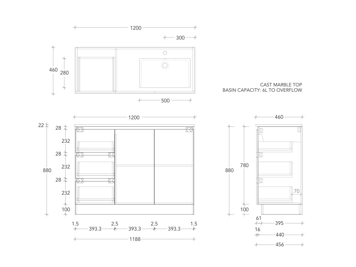 Posh Domaine Conventional 1200mm Single Bowl Floor Mounted Vanity Unit Cast Marble Top Right Hand Basin