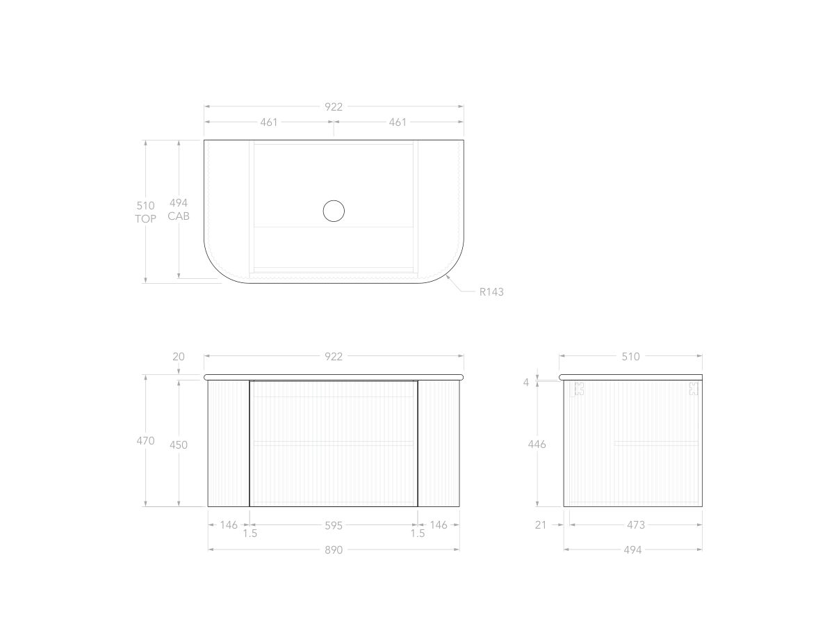 Technical Drawing - Kado Neue Fluted Double Curve All Door 900mm Wall Hung Vanity with Centre Basin 20mm Top