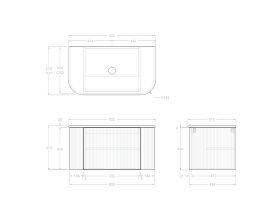 Technical Drawing - Kado Neue Fluted Double Curve All Door 900mm Wall Hung Vanity with Centre Basin 20mm Top
