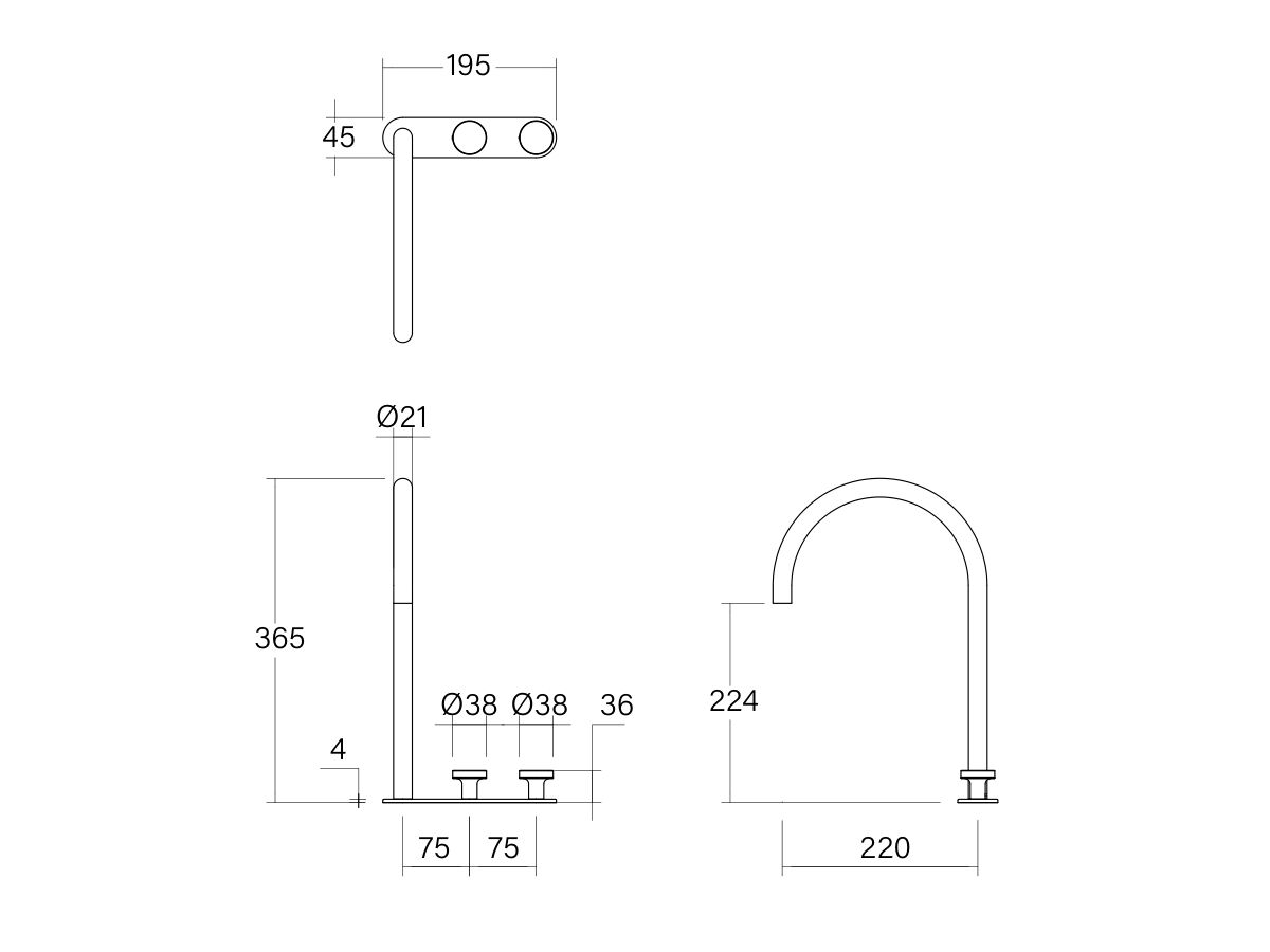 Technical Drawing - Faucet Strommen Vara Disc Hob Extended Basin Hostess Tap System Right Hand (6 Star) Lead Free