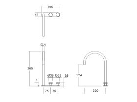 Technical Drawing - Faucet Strommen Vara Disc Hob Extended Basin Hostess Tap System Right Hand (6 Star) Lead Free