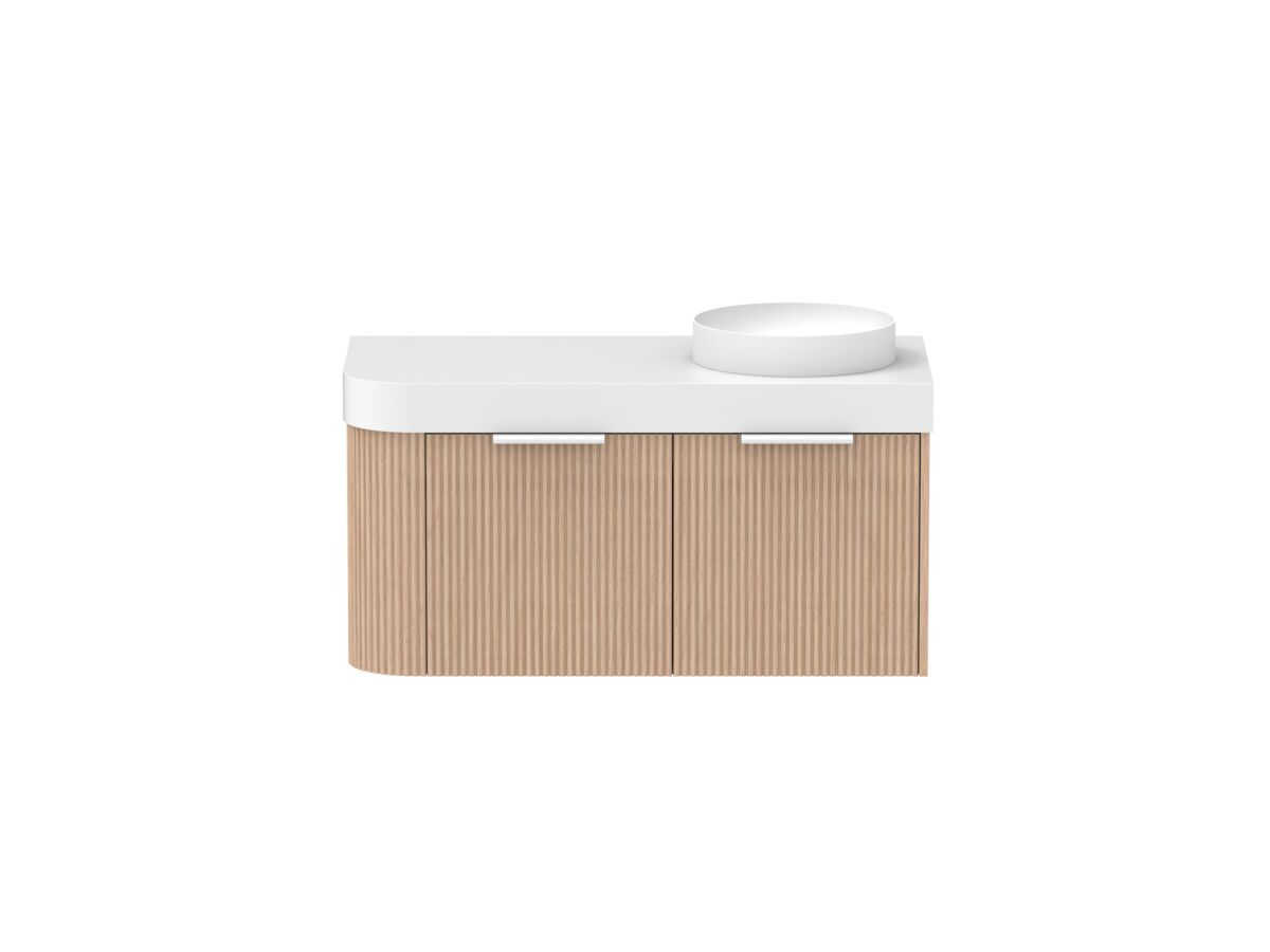 Supporting Image - Kado Neue Fluted Single Curve All Drawer 1050mm Wall Hung Vanity with Right Hand Basin Durasein 90mm Top Blonde Oak