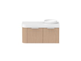 Supporting Image - Kado Neue Fluted Single Curve All Drawer 1050mm Wall Hung Vanity with Right Hand Basin Durasein 90mm Top Blonde Oak