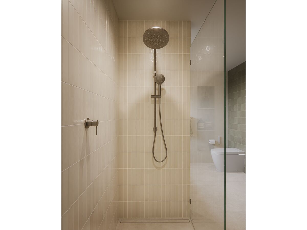 In Situ - Mizu Drift Twin Rail Shower 250mm ABS Overhead with Top Rail Water Inlet Brushed Gunmetal (5 Star) and Mizu Drift Shower Mixer Kit Brushed Gunmetal Lead Free
