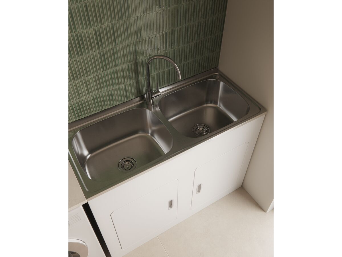 In Situ - Posh Bristol Double Laundry Trough & Cabinet 45L + 45L with 1 Taphole and Bypass Stainless Steel