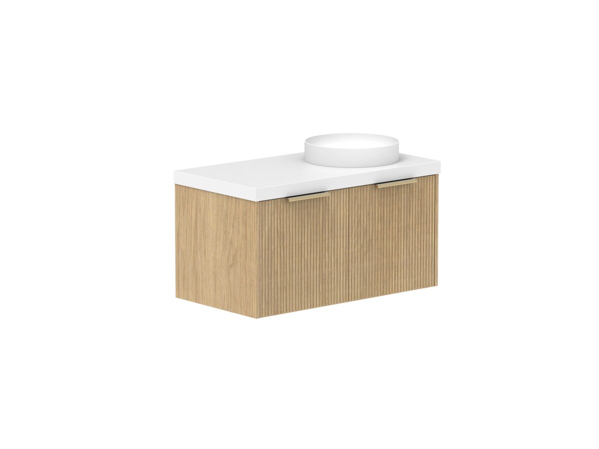 Supporting Image - Kado Neue Fluted Square 900mm Wall Hung Vanity with Right Basin 50mm Top Boston Oak